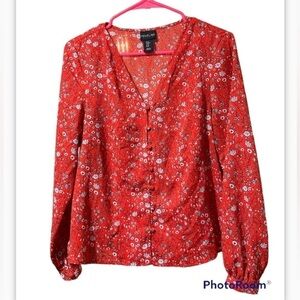 Rachel Zoe Red Ditsy Floral Button Down Long Sleeve Blouse V-Neck Medium EUC